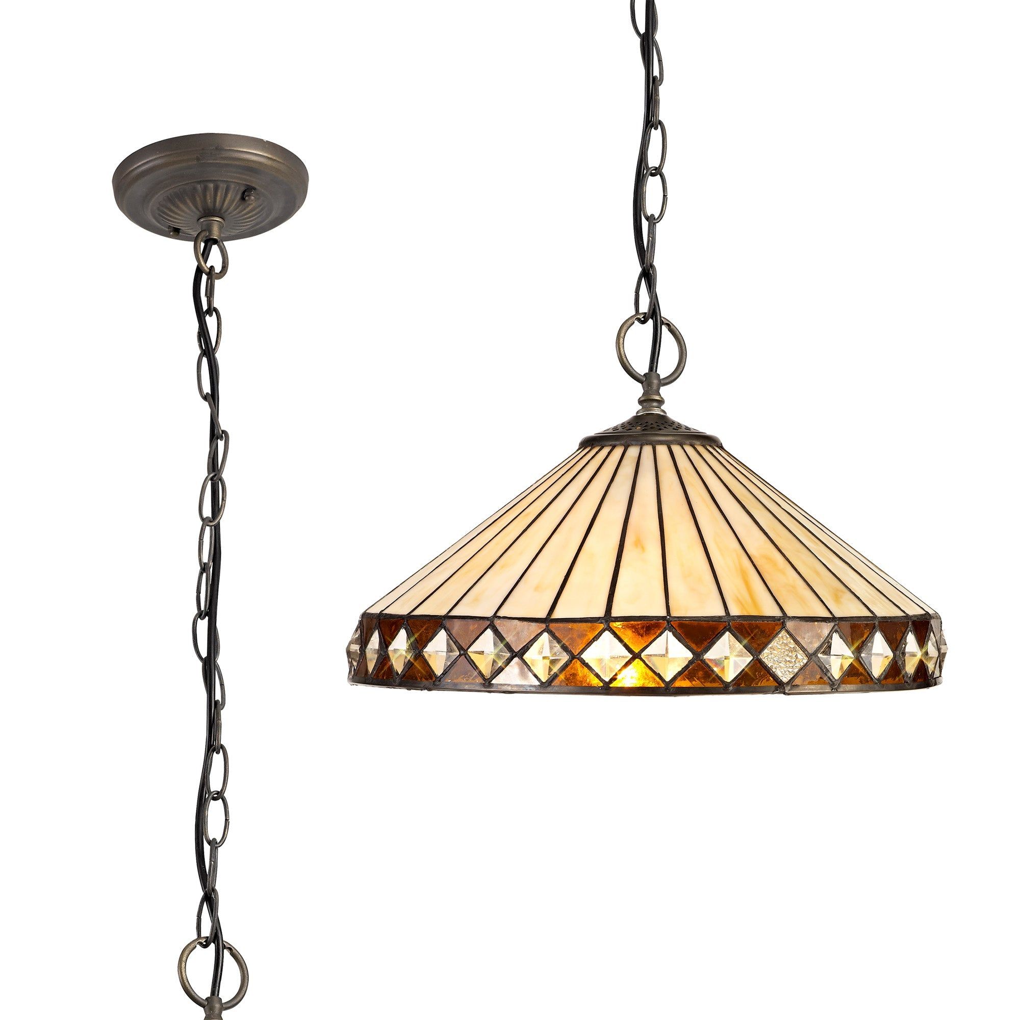 Isrmian 1 Light Downlighter Pendant E27 With 30cm Tiffany Shade, Amber/Cream/Crystal/Aged Antique Brass