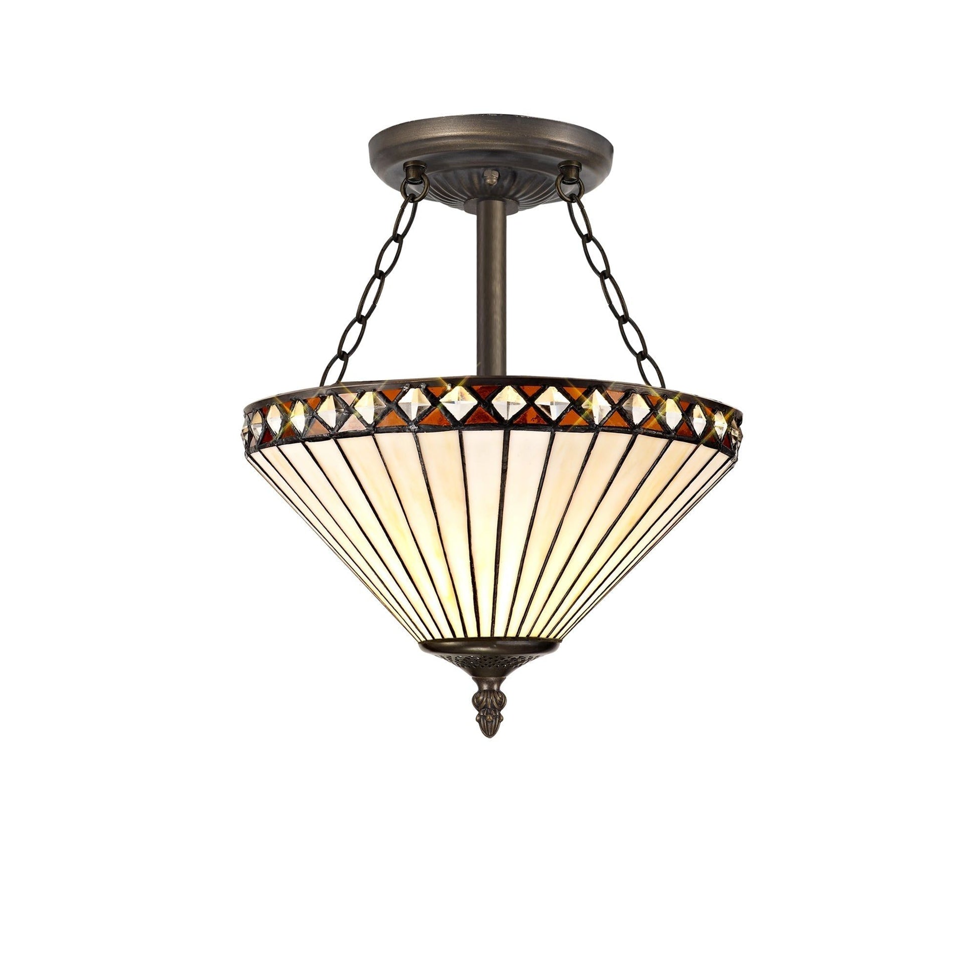 Isrmian 2/3 Light Semi Ceiling E27 With 30/40cm Tiffany Shade, Amber/Cream/Crystal/Aged Antique Brass