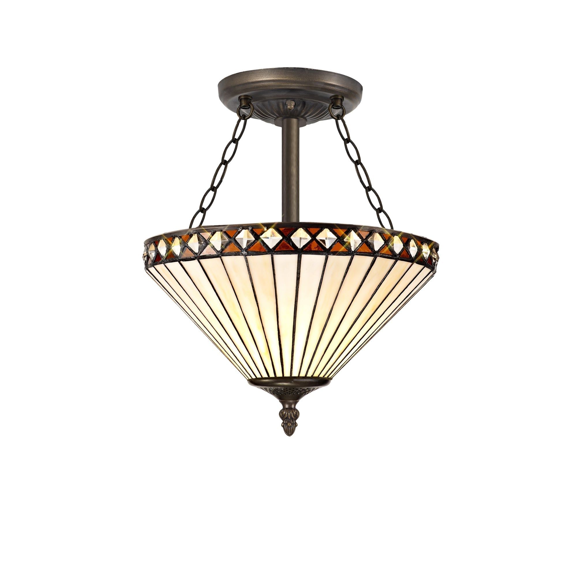 Isrmian 2/3 Light Semi Ceiling E27 With 30/40cm Tiffany Shade, Amber/Cream/Crystal/Aged Antique Brass