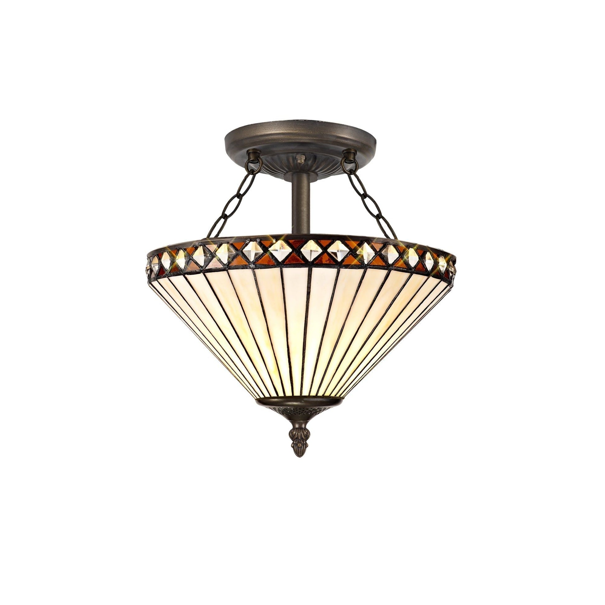 Isrmian 2/3 Light Semi Ceiling E27 With 30/40cm Tiffany Shade, Amber/Cream/Crystal/Aged Antique Brass