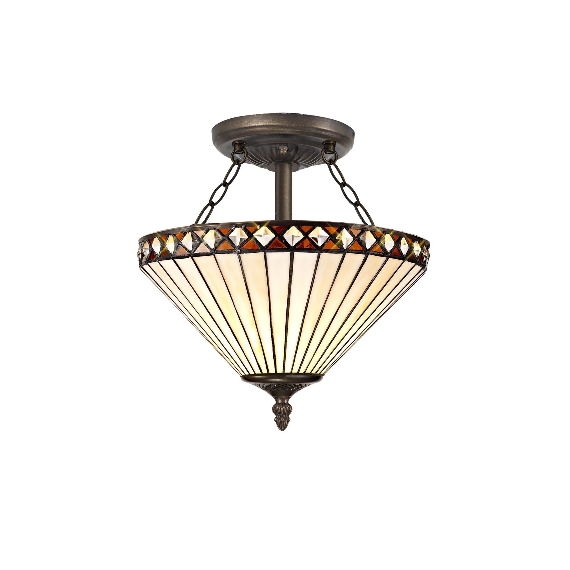 Isrmian 2/3 Light Semi Ceiling E27 With 30/40cm Tiffany Shade, Amber/Cream/Crystal/Aged Antique Brass