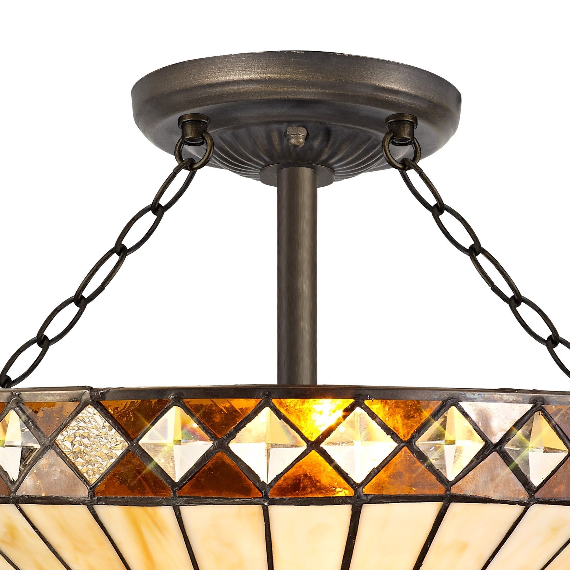Isrmian 2/3 Light Semi Ceiling E27 With 30/40cm Tiffany Shade, Amber/Cream/Crystal/Aged Antique Brass