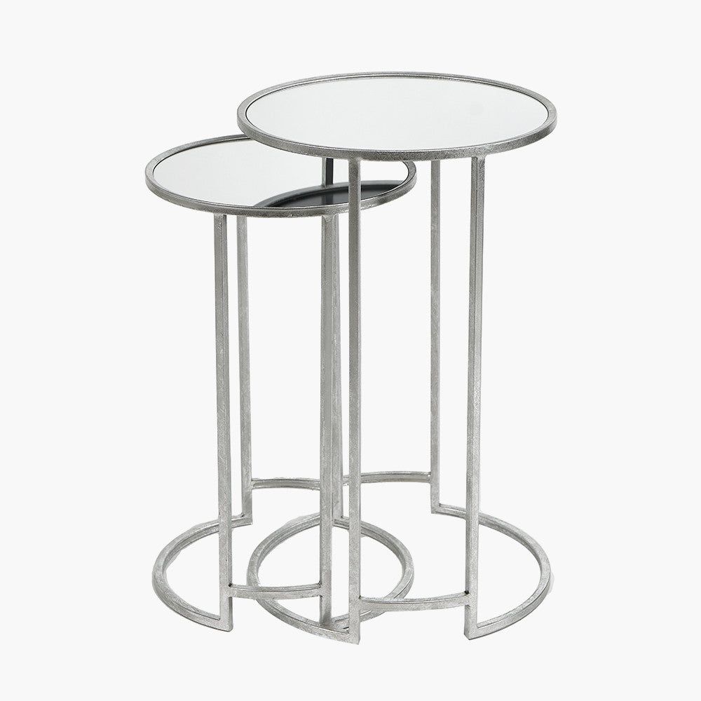 S/2 Veneziano Metal and Mirrored Glass Round Tables - Silver Finish
