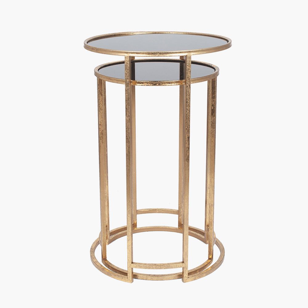 S/2 Veneziano Metal and Black Glass Round Tables - Gold Finish